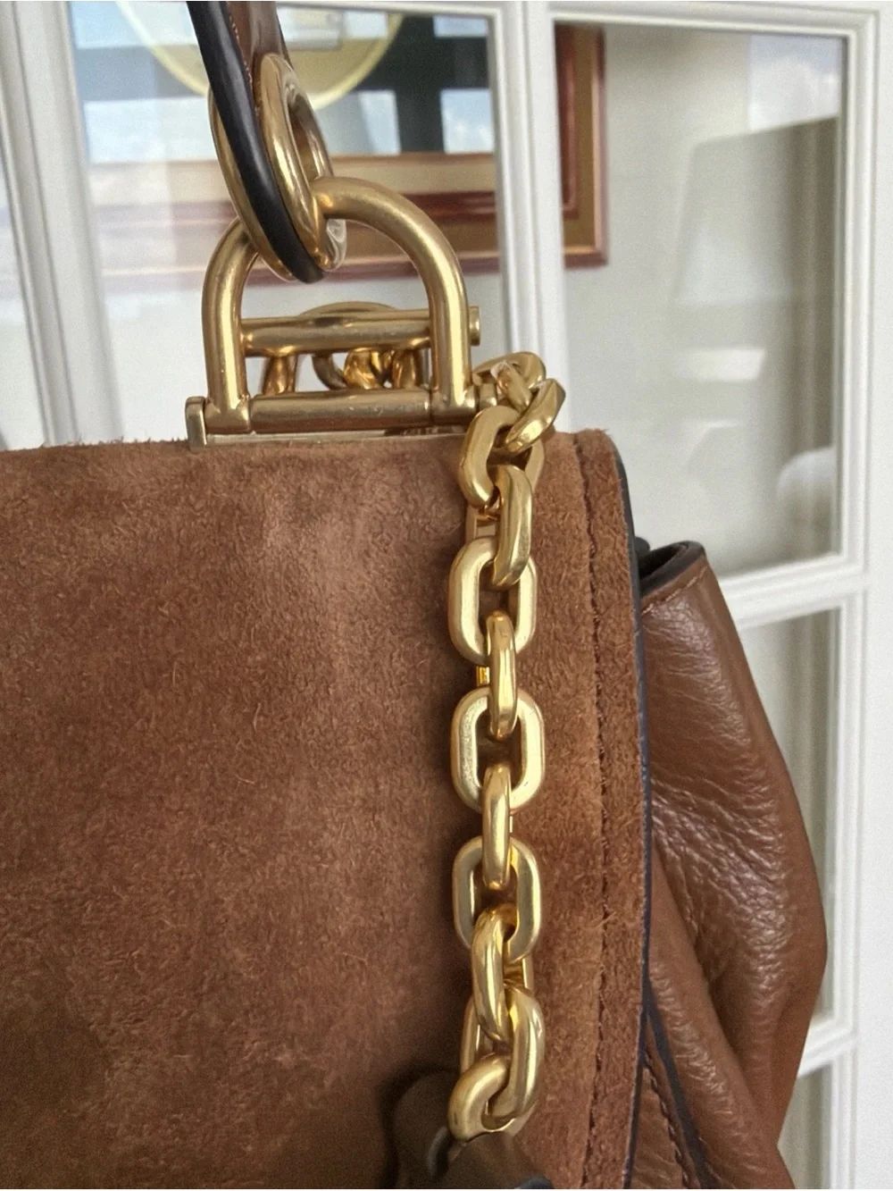 Michael Kors Isidore Caramel Suede & Leather Crossbody Bag with Gold Hardware